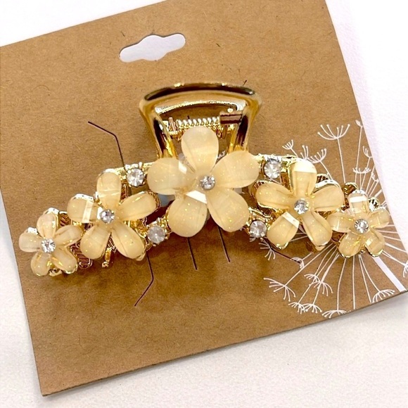 Brand New Floral Flower Rhinestone Gold Tone Metal Hair Clip Neutral Elegant - Picture 1 of 13